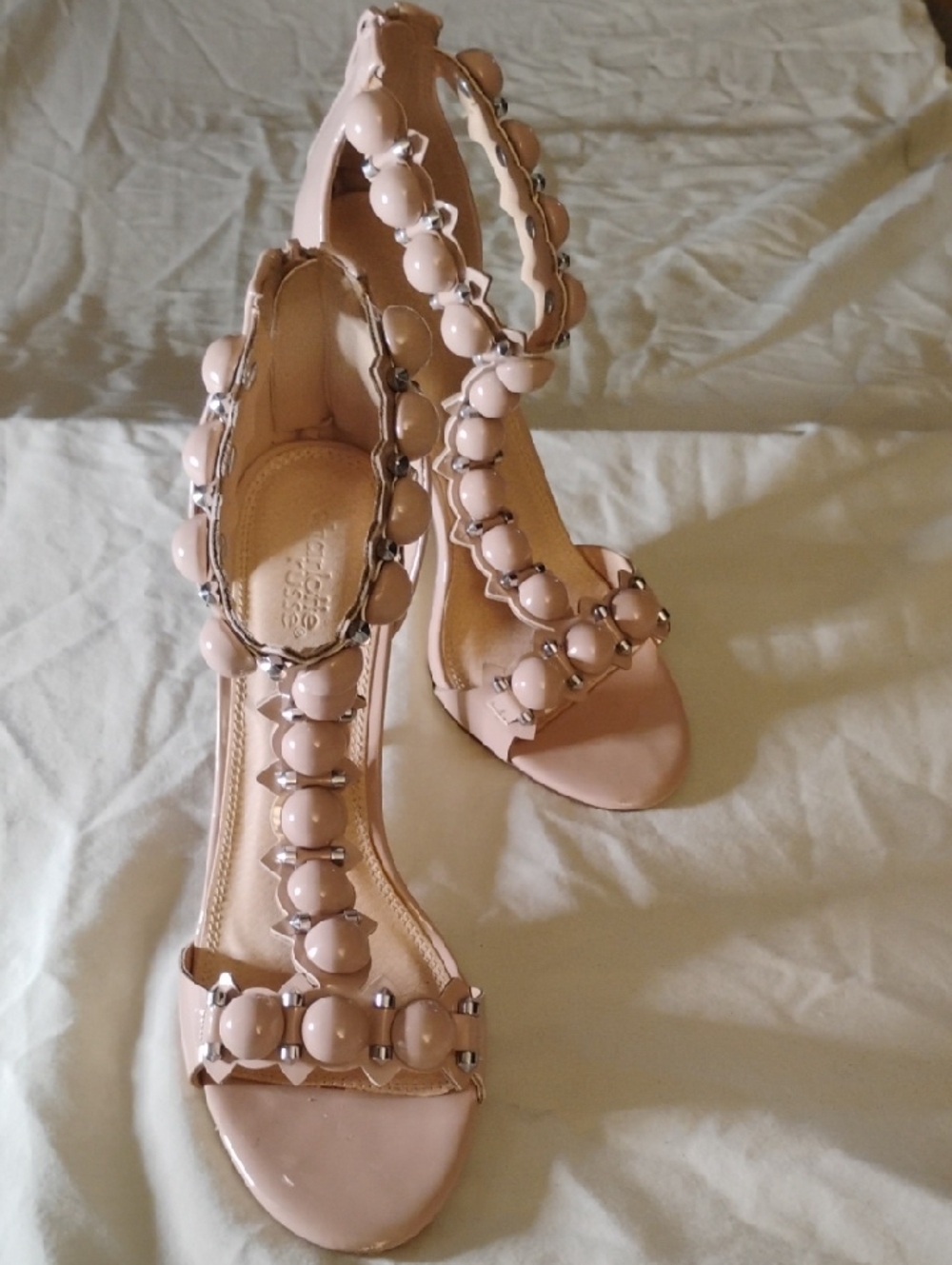 Charlotte Russe Blush Pink Beaded T-Strap Heels | Rhinestone Party Prom Y2k